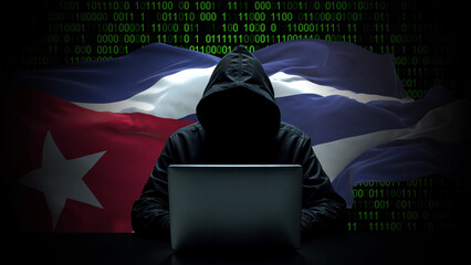 Cuba flag - 3D realistic waving flag on matrix digital background with binary code