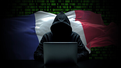 france flag - 3d realistic waving flag on matrix digital background with binary code