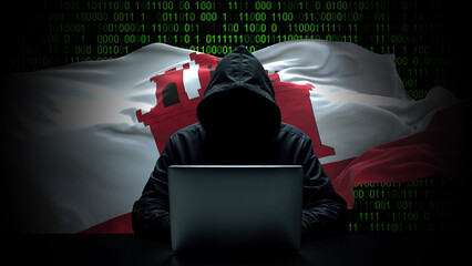 Gibraltar flag - 3D realistic waving flag on matrix digital background with binary code
