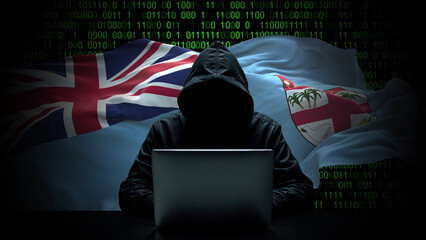 Fiji flag - 3D realistic waving flag on matrix digital background with binary code