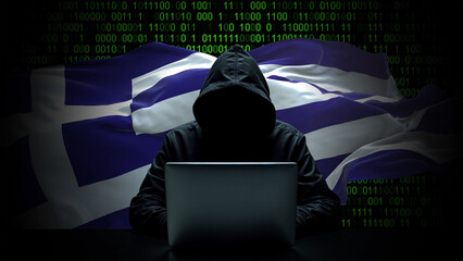 greece flag - 3d realistic waving flag on matrix digital background with binary code