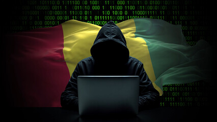 Guinea flag - 3D realistic waving flag on matrix digital background with binary code