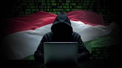 hungary flag - 3d realistic waving flag on matrix digital background with binary code
