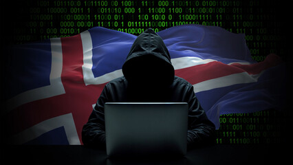 Iceland flag - 3D realistic waving flag on matrix digital background with binary code