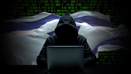 Israel flag - 3D realistic waving flag on matrix digital background with binary code