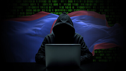 guam flag - 3d realistic waving flag on matrix digital background with binary code