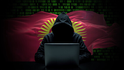 kyrgyzstan flag - 3d realistic waving flag on matrix digital background with binary code