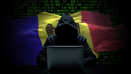 moldova flag - 3d realistic waving flag on matrix digital background with binary code