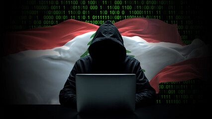 Lebanon flag - 3D realistic waving flag on matrix digital background with binary code