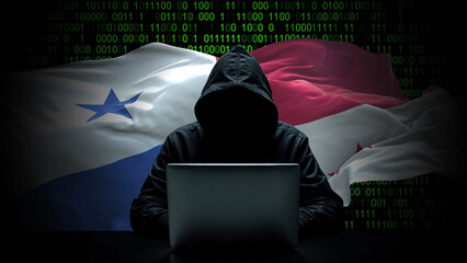 Panama flag - 3D realistic waving flag on matrix digital background with binary code