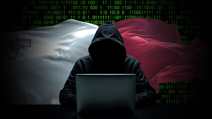 malta flag - 3d realistic waving flag on matrix digital background with binary code