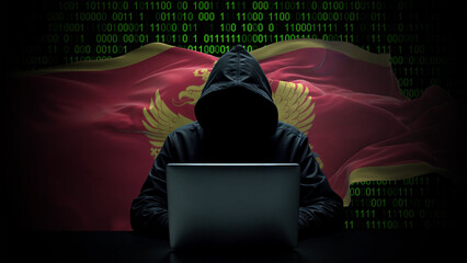 Montenegro flag - 3D realistic waving flag on matrix digital background with binary code