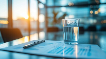 Poster - Water Glass Financial Charts Pen Office Desk