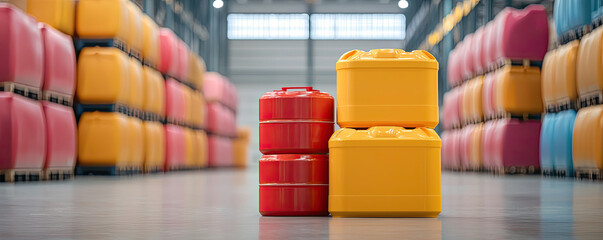 Poster - Colorful fuel containers arranged in a modern industrial warehouse setting.