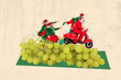 © deagreez - Composite photo collage of excited team elf santa claus ride vespa moped new year event wine branch fruit isolated on painted background