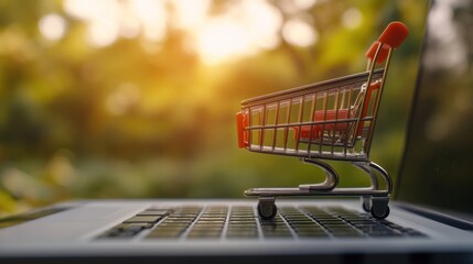 Poster - Miniature Shopping Cart Rests On Laptop Keyboard Outdoors