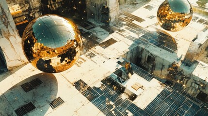 Poster - Golden Spheres Reflecting in a Ruined Futuristic Cityscape