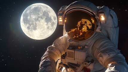 Poster - Astronaut emerges from spacecraft hatch into the vastness of space under a bright full moon