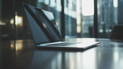 Poster - Modern laptop sits on a sleek table near a window