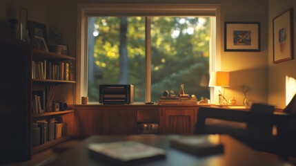 Poster - Serene Evening Study Room with Warm Lighting and Bookshelves
