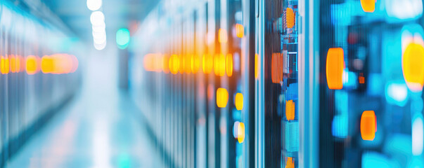 Poster - Modern server room with illuminated racks and advanced computing equipment.