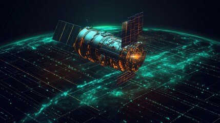Poster - Futuristic Satellite Orbiting Earth with Digital Grid Overlay, Representing Advanced Technology and Space Exploration Concepts in a Night Sky Background