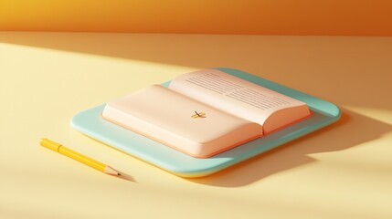 Poster - Open Book Rests on Pastel Tray with Pencil Nearby