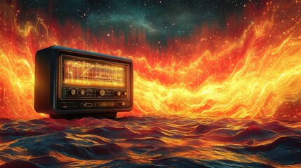Fototapete - Vintage Radio Surrounded by Fiery Waves and Cosmic Background Illustrating Contrast Between Technology and Nature in a Surreal and Vibrant Environment
