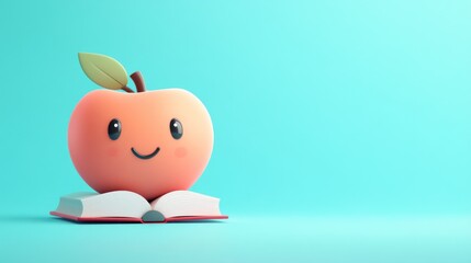 Poster - Happy Apple Rests Atop Open Book On Blue Background