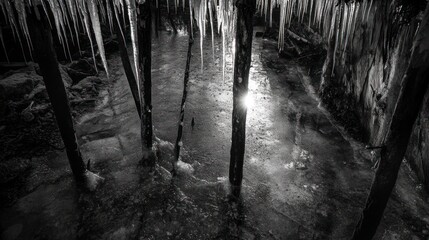 Poster - Icicles Hanging Over Icy Water And Wooden Posts