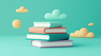 Poster - Stacked Books With Cartoon Clouds Floating Above