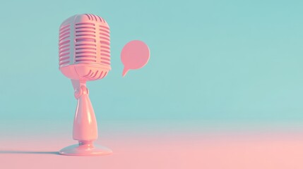 Poster - Pink Retro Microphone with Speech Bubble on Pastel Background