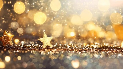 Wall Mural - Golden stars glittering on a sparkling background, surrounded by a dreamy bokeh effect, evoking a festive and celebratory atmosphere.