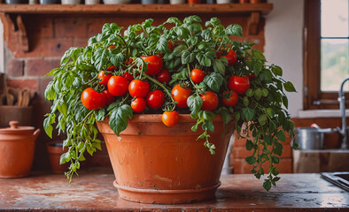 Poster - Potted plant with many tomatoes in it. The plant is in a red pot. The pot is on a table