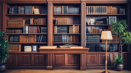 Poster - Classic Wooden Bookcase Filled With Antique Books And Plants