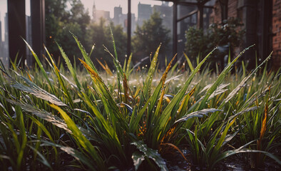 Poster - Field of grass with some brown spots. The grass is wet. There is a building in the background