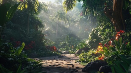 Poster - Sunlit Path Through Lush Tropical Jungle Paradise