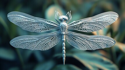 Aufkleber - A detailed 3D rendering of a dragonfly with intricate wings against a blurred background.