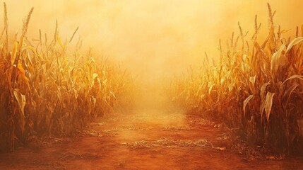 Poster - Golden Cornfield Path Autumnal Haze Landscape