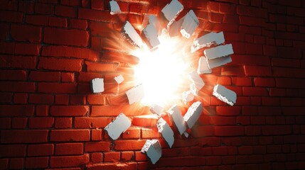 Sticker - Bright light spills from a white hole breaking apart a red brick wall, with jagged edges and scattered bricks.