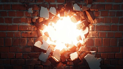 Sticker - Bright light spills from a white hole breaking apart a red brick wall, with jagged edges and scattered bricks.