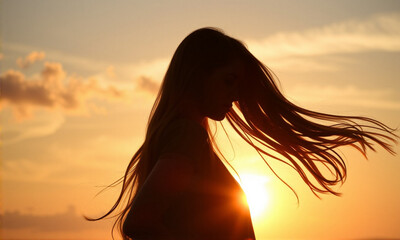 Poster - Woman with long hair is standing in front of a sun. The sun is in the background and the woman is in the foreground