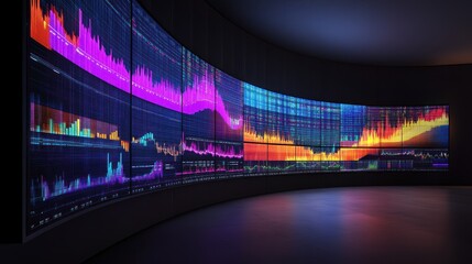 Poster - Curving Wall Of Vibrant Data Displays Showing Financial Market Information