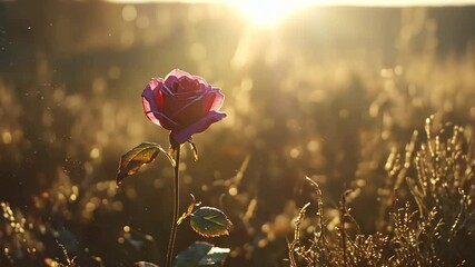 Wall Mural - Single pink rose stands tall against a golden sunset in a tranquil field