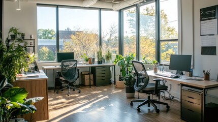 Poster - Modern Sunlit Office Workspace With Plants And Desks