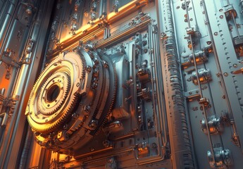 Poster - Intricate Close-up of a High-tech Mechanical Gear System with Brilliant Metallic Textures and Futuristic Design Elements Captured in Dramatic Lighting