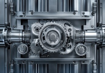 Poster - Intricate Close-Up of Metal Gears and Mechanisms in a Machine, Showcasing Precision Engineering and Technology in a Modern Industrial Setting