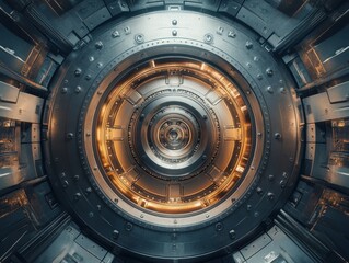 Poster - Intricate Futuristic Machinery with Radiant Glow, Captivating Industrial Design Showcasing Complex Circles and Modern Technology in a Sci-Fi Inspired Environment