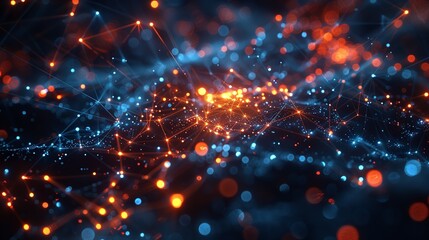 Poster - Abstract tech background with illuminated fiber optic connections, quantum computing network system.