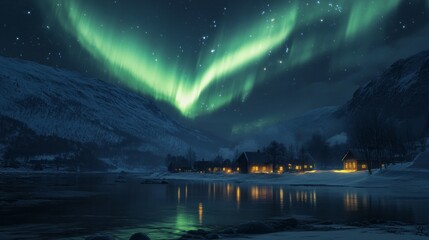 under a captivating display of northern lights, a serene village glimmers in the night. the atmosphe